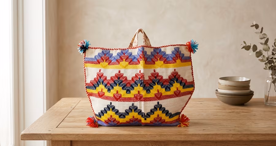 A finished sack bag embroidered with a colorful red, yellow, and blue zigzag pattern and tasseled corners