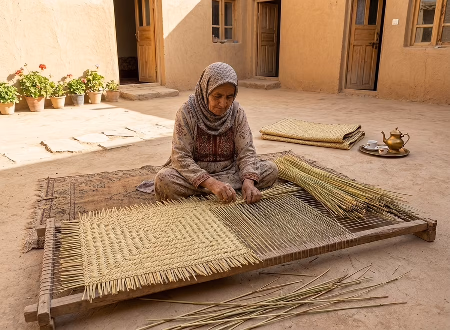 An Afghan woman weaving a buria mat by hand on a wooden frame in a courtyard