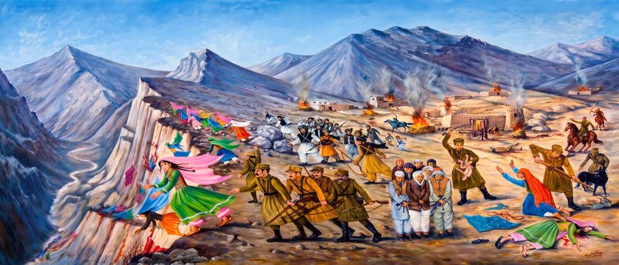 A painting showing girls in colorful dresses fleeing along a cliff edge above a burning village, with soldiers on horseback advancing below.