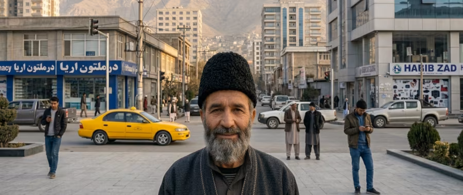 An Afghan man wearing a black karakul hat standing in a city street in Kabul