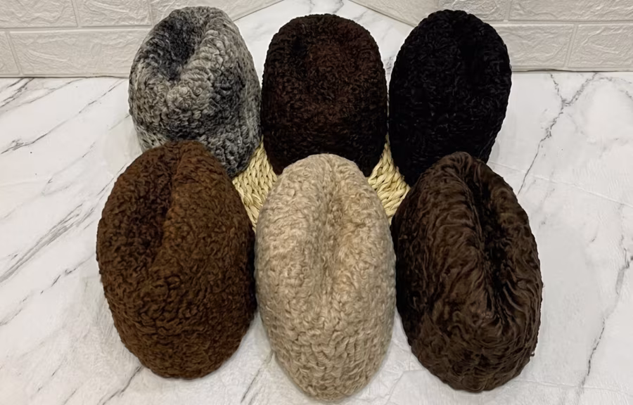 Six karakul hats in different colours — black, grey, brown, and beige — laid out together