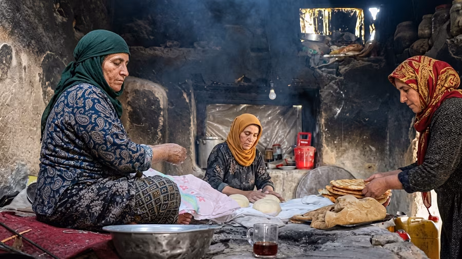 Three women preparing bread together in a smoke-darkened kitchen, two shaping dough and one arranging a stack of freshly baked flatbread