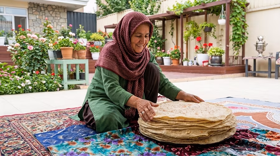 A woman arranging a tall stack of thin chapati flatbreads on a carpet in a home courtyard