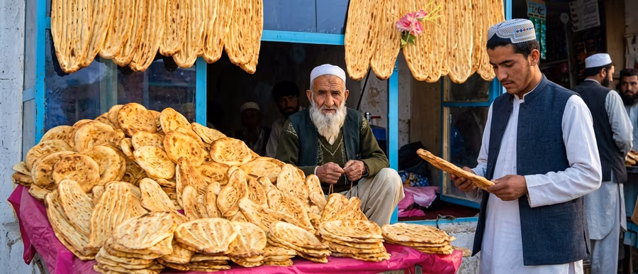 A bread seller holding up a fresh loaf for a customer at his stall