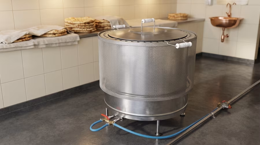 A gas-powered tandoor in a bakery, with a stack of fresh bread waiting beside it