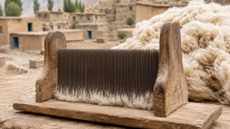 A wooden shaane-pashm wool comb with raw wool piled behind it
