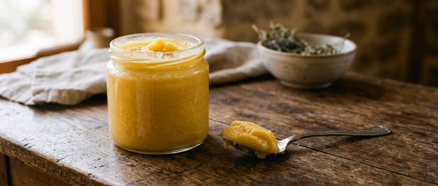 A jar of golden roghan zard with a spoonful of it resting beside the jar
