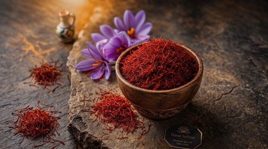 A wooden bowl filled with dried deep-red saffron threads, with two purple crocus flowers placed beside it