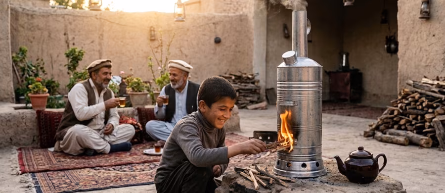 A boy tending a samawat in an Afghan courtyard, men seated on a carpet in the background