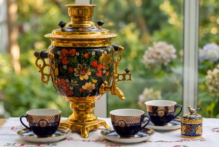 A polished Russian samovar made of brass with engraved decoration