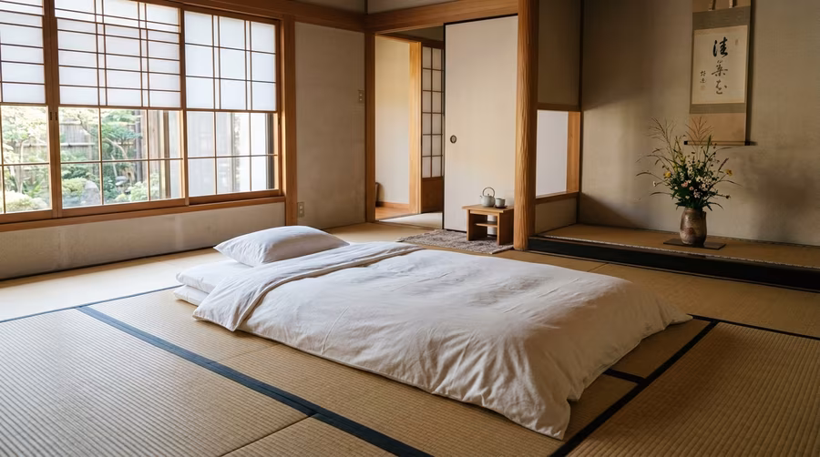 A Japanese futon spread out on tatami mats, with shoji screens and a calligraphy scroll on the wall
